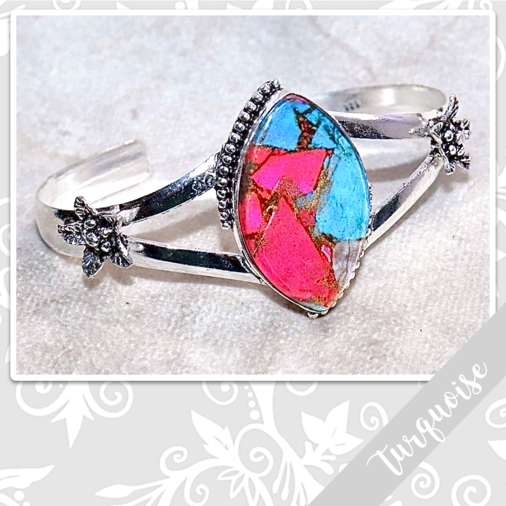 Turquoise Southwest Style Silver Artisan Bangle Cuff Bracelet, Adj (Pink, Blue)
